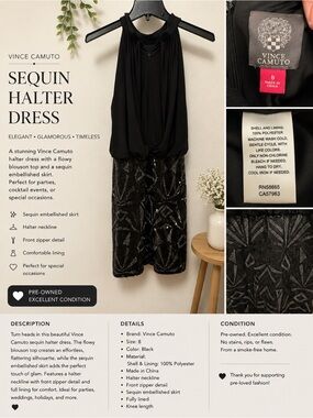 Vince Camuto Black Halter Sequin Dress